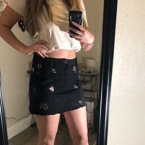 Black Jean Skirt w/ Pink Embodied Flowers